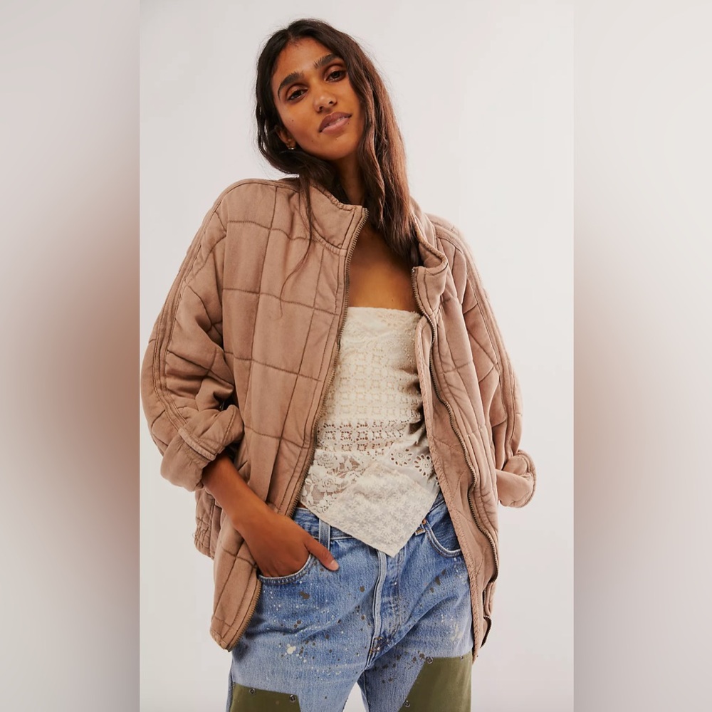 Free People Dolman Quilted Knit Jacket in Champagne Diamonds Size S NWOT